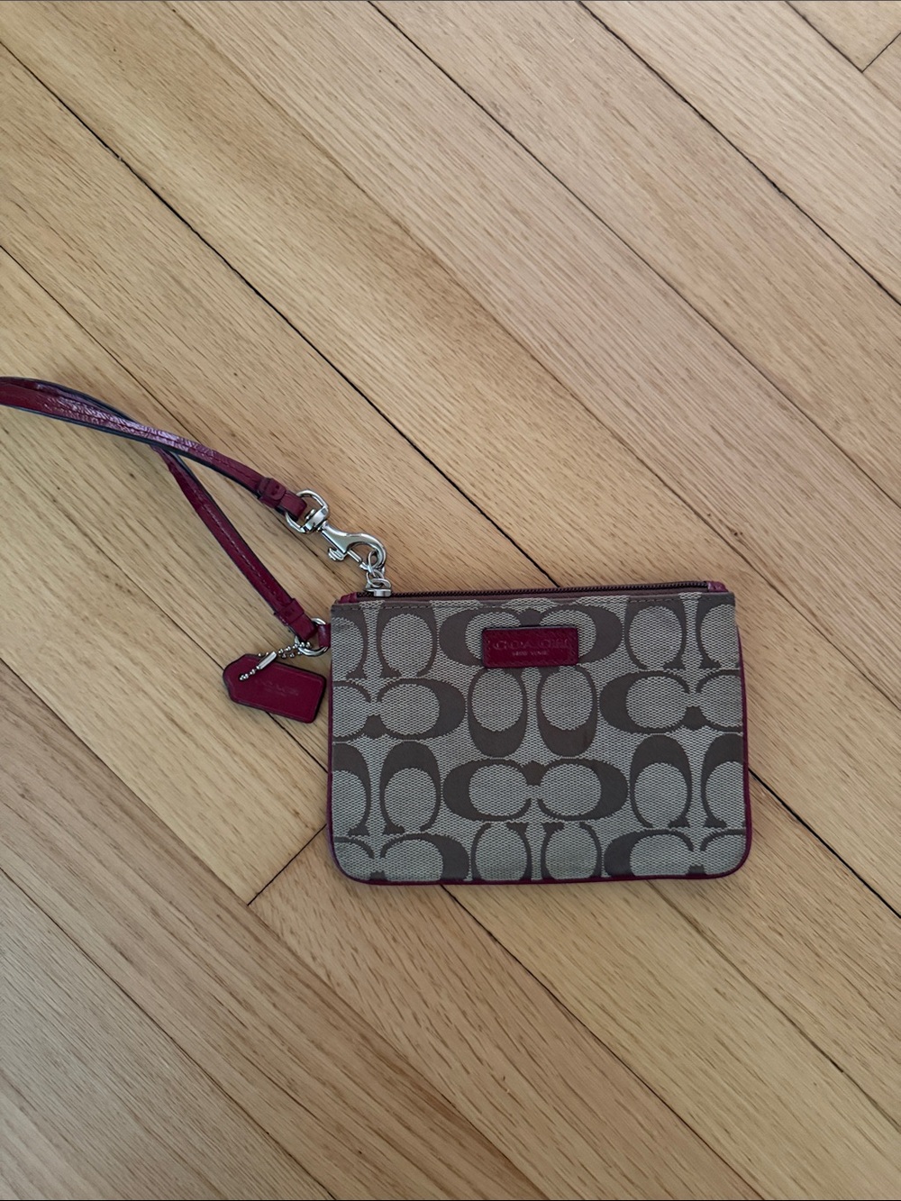 Coach Small Signature Canvas Wristlet in Brown and Burgundy Trim